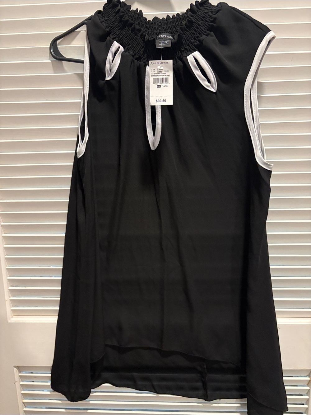 Ashley Stewart Black Tank with White Trim and Smocked Neckline